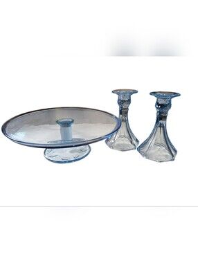 Blue Cake Plate & Candle Sticks Set